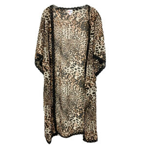 Lularoe Kimono Womens Sz S Brown Black Leopard‎ Chloe Bohemian Overlay Lace Trim